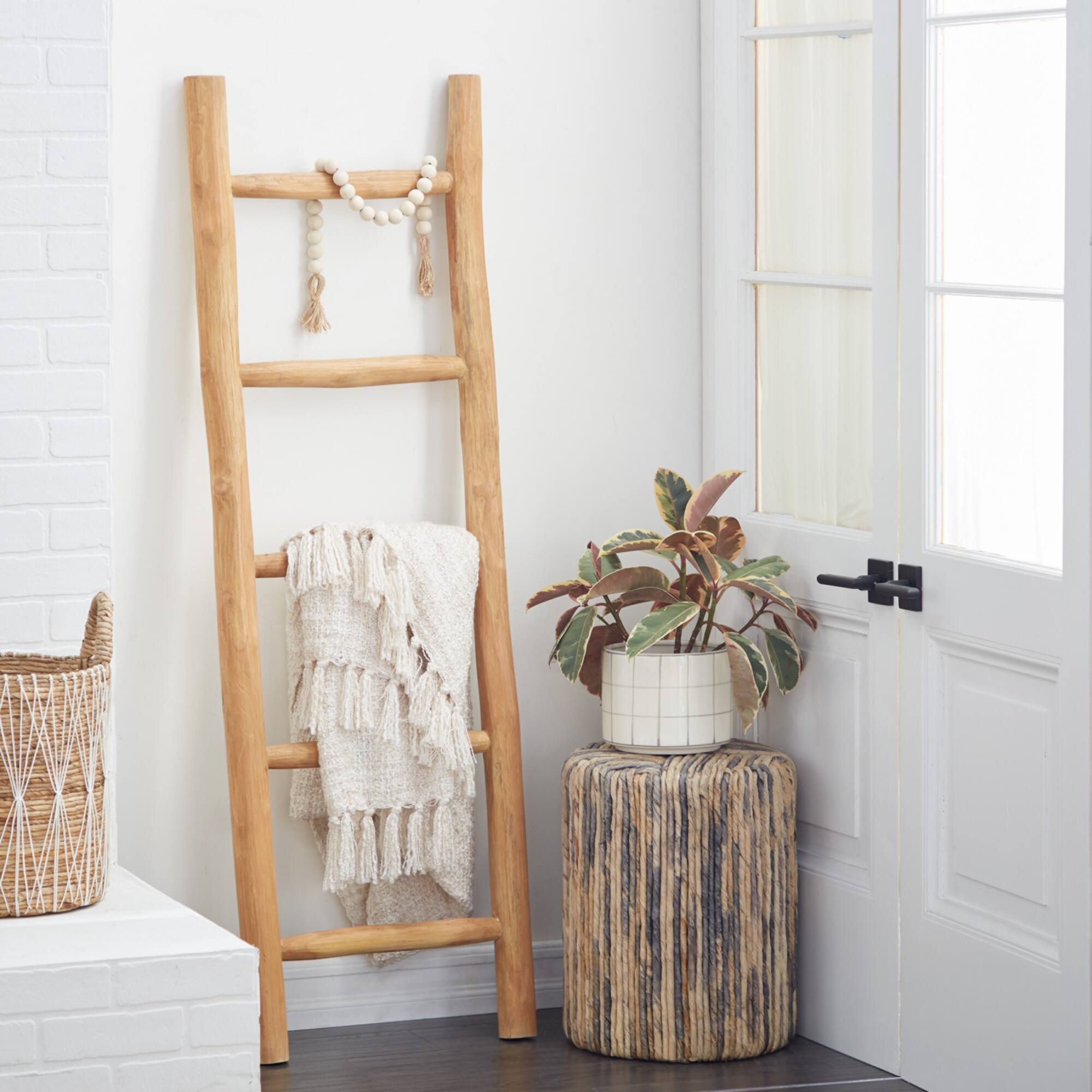 59" Brown Teak Wood Natural Ladder